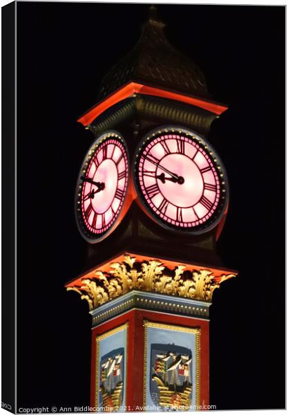 Weymouth clock at night Canvas Print by Ann Biddlecombe