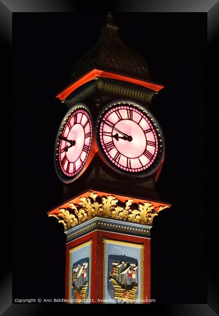 Weymouth clock at night Framed Print by Ann Biddlecombe