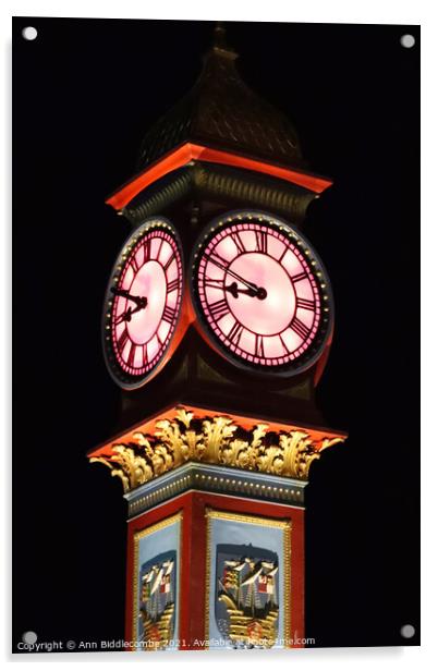 Weymouth clock at night Acrylic by Ann Biddlecombe