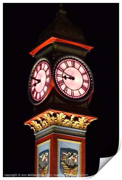 Weymouth clock at night Print by Ann Biddlecombe