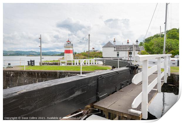 The sea lock gates at the western end of the Crinan Canal. Print by Dave Collins