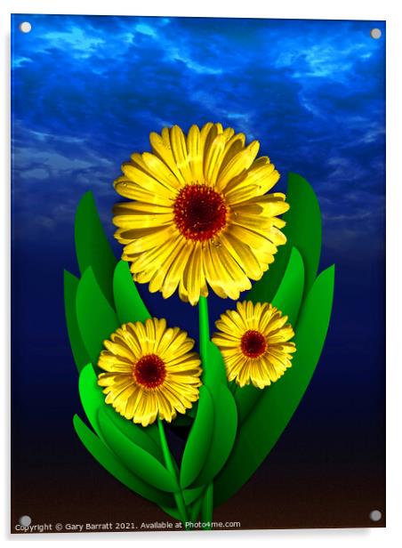 Three Yellow Flowers. Acrylic by Gary Barratt
