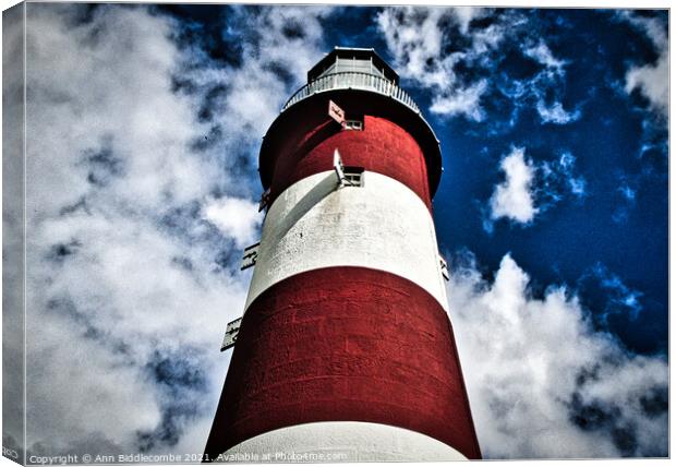 Plymouth lighthouse with dramatic effect Canvas Print by Ann Biddlecombe