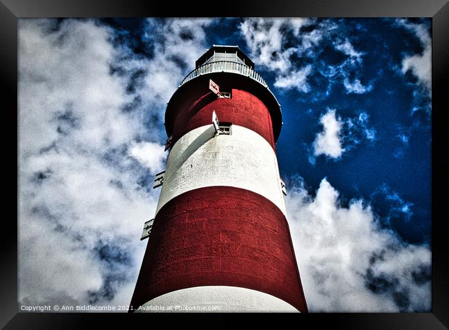 Plymouth lighthouse with dramatic effect Framed Print by Ann Biddlecombe