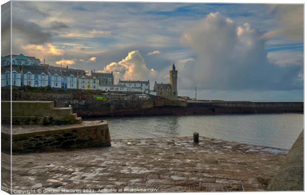 Sunrise over Porthleven Harbour and the clock tower, Cornwall  Canvas Print by Gordon Maclaren