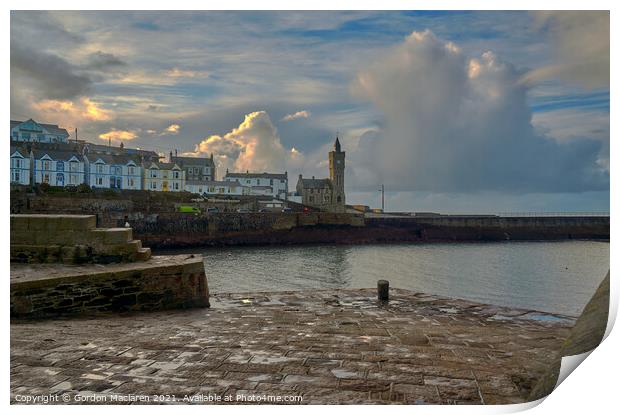 Sunrise over Porthleven Harbour and the clock tower, Cornwall  Print by Gordon Maclaren