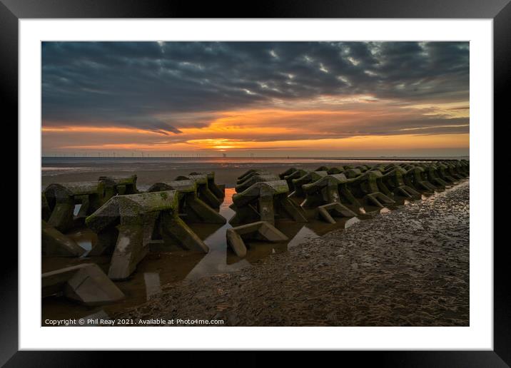 Breakwaters at the Wirral peninsular, at sunset Framed Mounted Print by Phil Reay