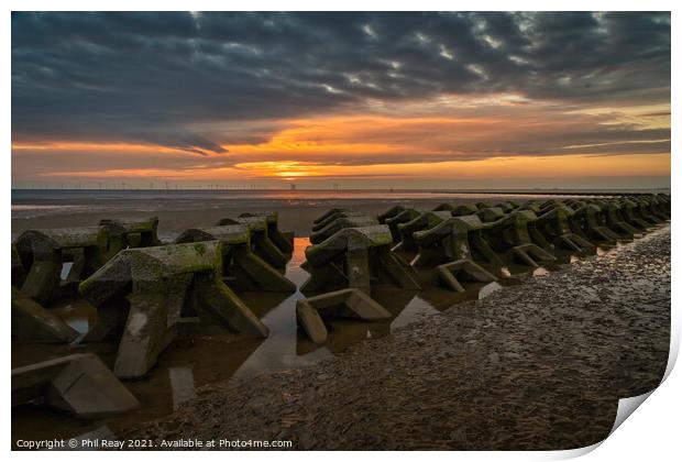 Breakwaters at the Wirral peninsular, at sunset Print by Phil Reay