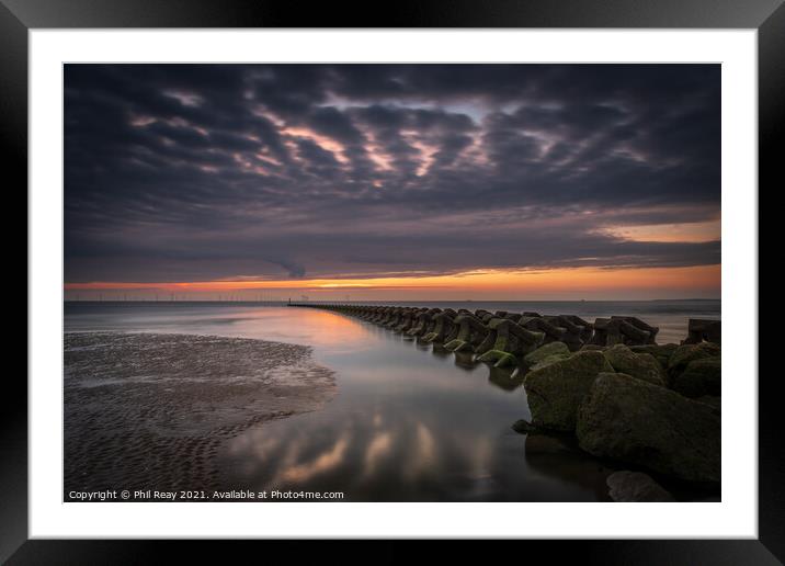 Breakwaters at the Wirral peninsular, at sunset Framed Mounted Print by Phil Reay