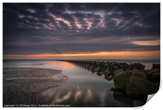 Breakwaters at the Wirral peninsular, at sunset Print by Phil Reay