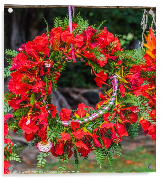 Tropical Flame Tree Flowers Christmas Headwreath Headpiece Moore Acrylic by William Perry