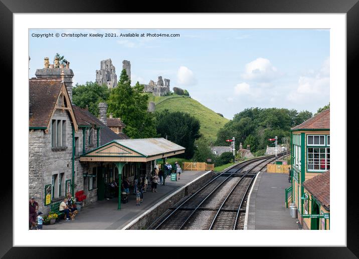Corfe Castle and railway Framed Mounted Print by Christopher Keeley