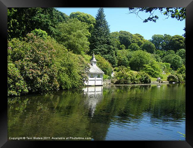 Trevarno lake and boathouse, Cornwall, England Framed Print by Terri Waters