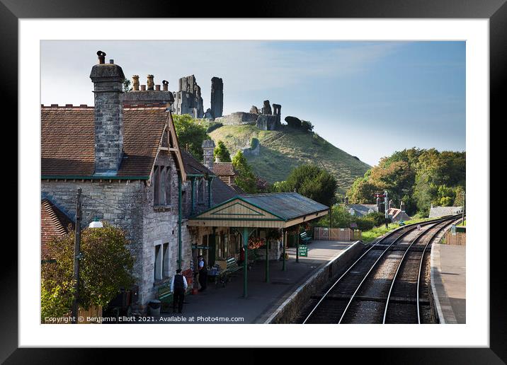 Corffe Castle Station and  Castle Ruins Framed Mounted Print by Benjamin Elliott