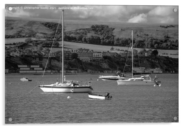 Black and white Swanage boats Acrylic by Christopher Keeley