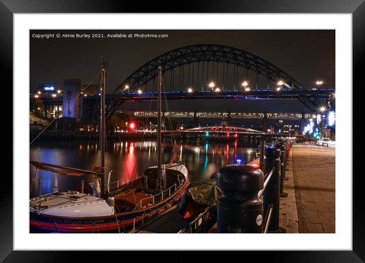 Tyne Bridges at Night Framed Mounted Print by Aimie Burley
