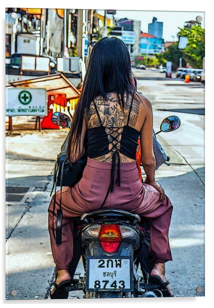a young tattooed Thai woman on a motorcycle Acrylic by Wilfried Strang