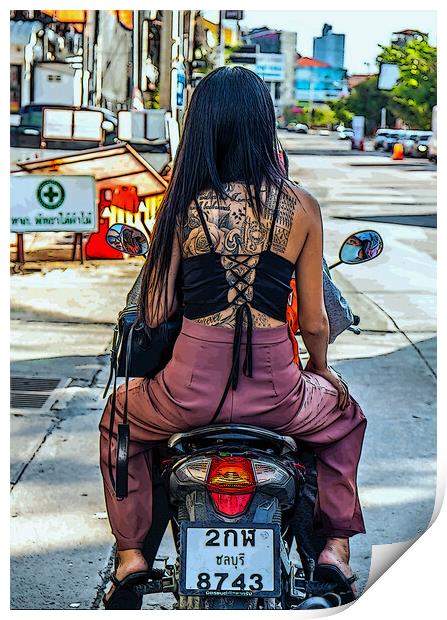 a young tattooed Thai woman on a motorcycle Print by Wilfried Strang