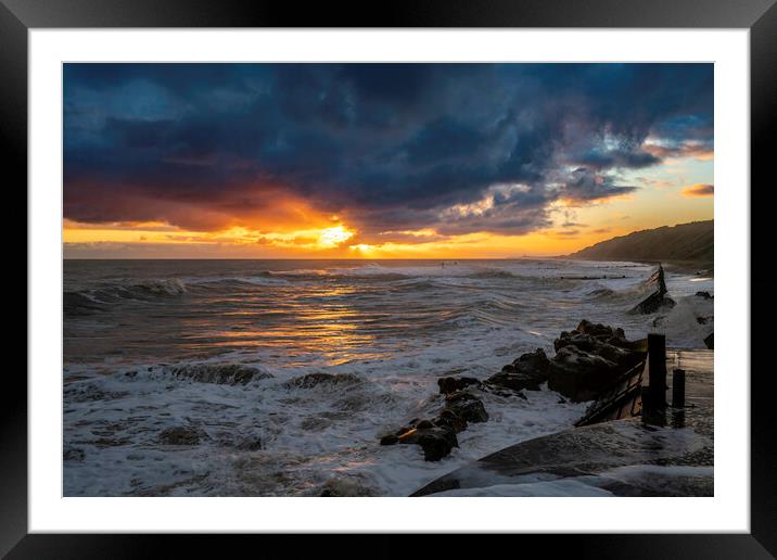 High tide sunrise on Mundesley seafront Framed Mounted Print by Andrew Sharpe