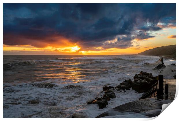 High tide sunrise on Mundesley seafront Print by Andrew Sharpe