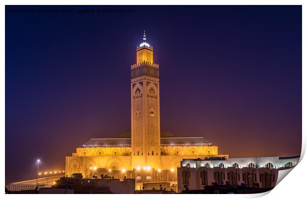 Hassan II Mosque at dusk Print by Jo Sowden