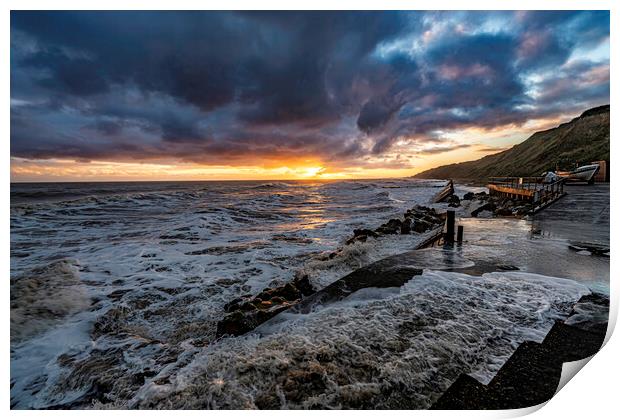 High tide sunrise on Mundesley seafront Print by Andrew Sharpe