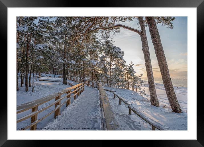 View of snowy pine forest and wooden path Framed Mounted Print by Maria Vonotna