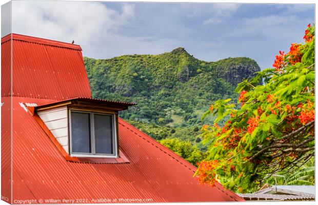 Orange Roof Green Mountain Red Flame Tree  Moorea Tahiti Canvas Print by William Perry