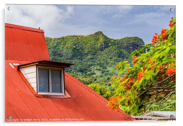 Orange Roof Green Mountain Red Flame Tree  Moorea Tahiti Acrylic by William Perry