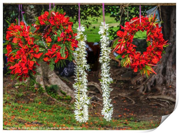 Tropical Flowers Christmas Wreaths Leis Moorea Tahiti Print by William Perry