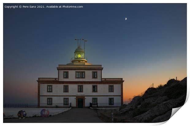 Green Light on Fisterra Lighthouse During Crescent Moon, Galicia Print by Pere Sanz