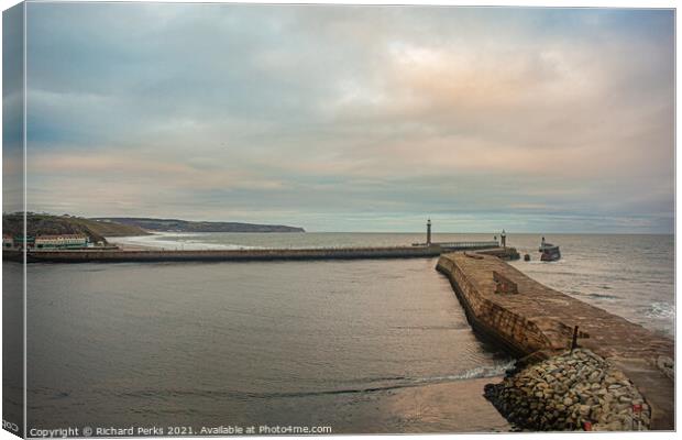Daybreak over Whitby Pier Canvas Print by Richard Perks