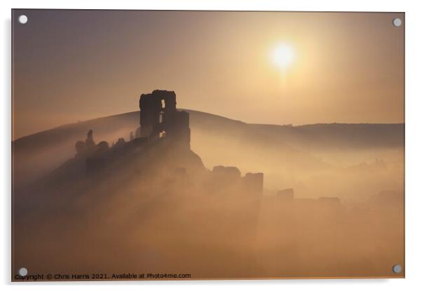 Misty sunrise at Corfe Castle Acrylic by Chris Harris