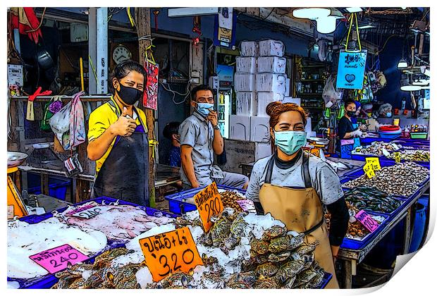 Fresh seafood for Sale at a fish market in Thailand Print by Wilfried Strang