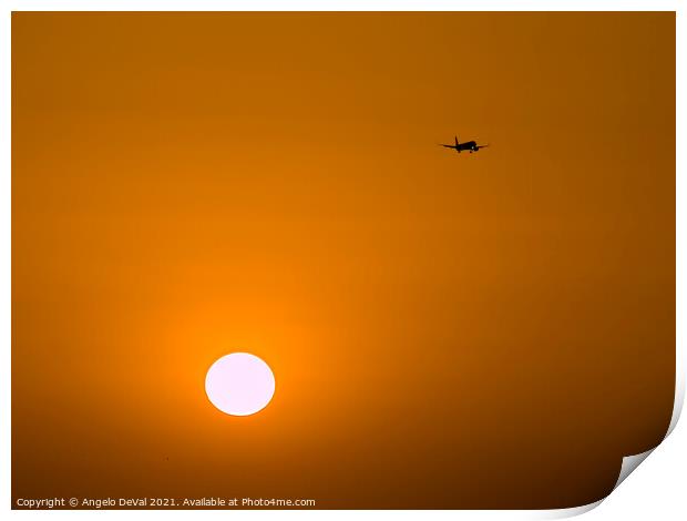 Airplane Crossing the Skies at Sunset Print by Angelo DeVal