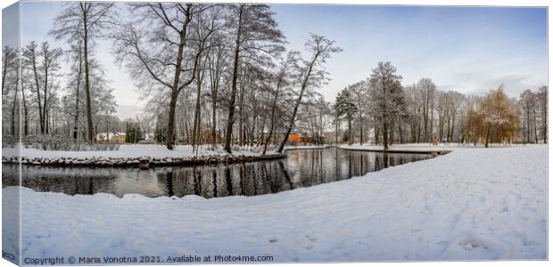 Winter landscape in snowy park with small pond Canvas Print by Maria Vonotna
