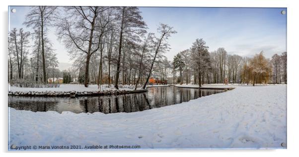 Winter landscape in snowy park with small pond Acrylic by Maria Vonotna