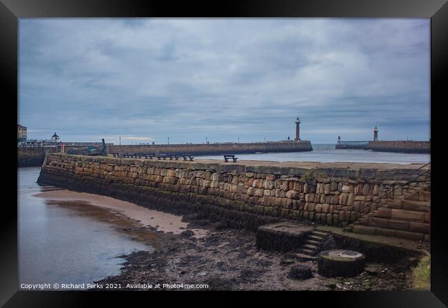Whitby Harbour Tide out Framed Print by Richard Perks