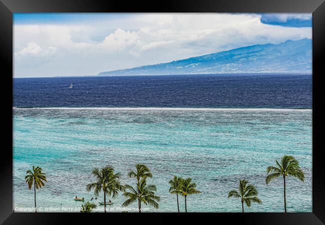 Colorful Sailboat Outer Reef Blue Water Tahiti Island From Moore Framed Print by William Perry