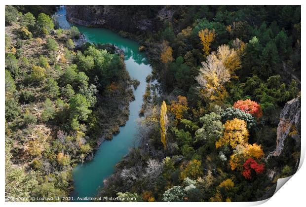 Colorful display of trees next to a river in fall season in Spain Print by Lensw0rld 