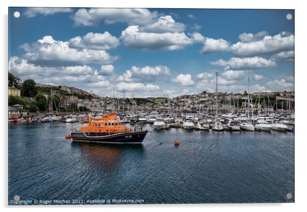 Brixham lifeboat and marina  Acrylic by Roger Mechan