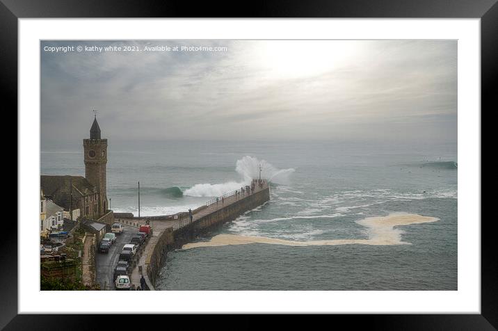 Porthleven Harbour Cornwall,surf up,large waves Framed Mounted Print by kathy white