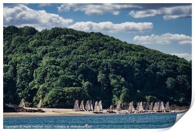 Serene Beach with Sailing Boats Print by Roger Mechan