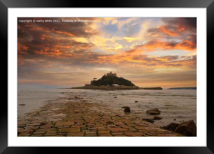 St Michael's mount Cornwall,causeway at sunset Framed Mounted Print by kathy white