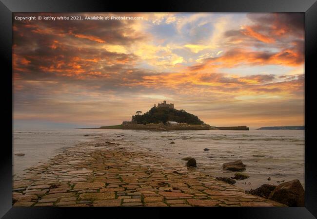 St Michael's mount Cornwall,causeway at sunset Framed Print by kathy white