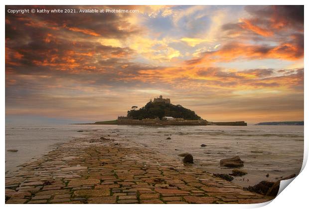 St Michael's mount Cornwall,causeway at sunset Print by kathy white