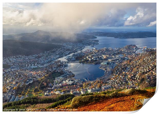 Bergen from Mount Ulriken Print by Janet Carmichael