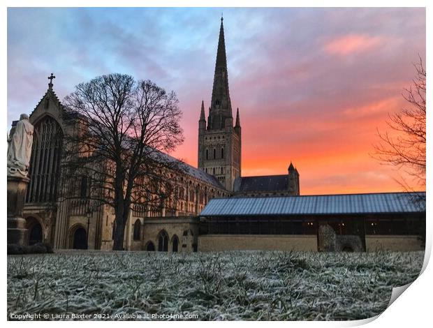 Frosty Sunrise at Norwich Cathedral Print by Laura Baxter