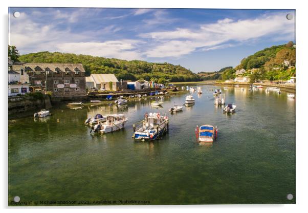 Boats moored on the river estuary, Looe, Cornwall Acrylic by Michael Shannon