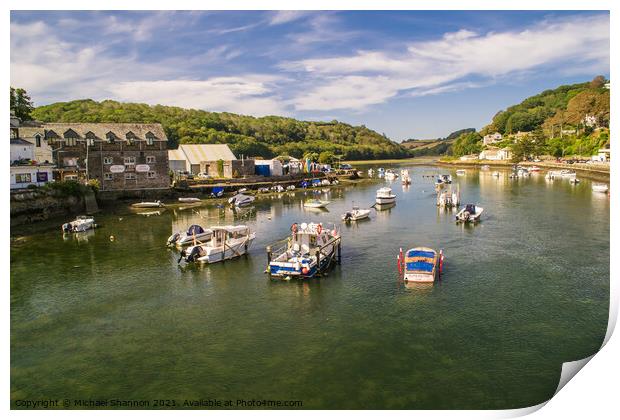 Boats moored on the river estuary, Looe, Cornwall Print by Michael Shannon